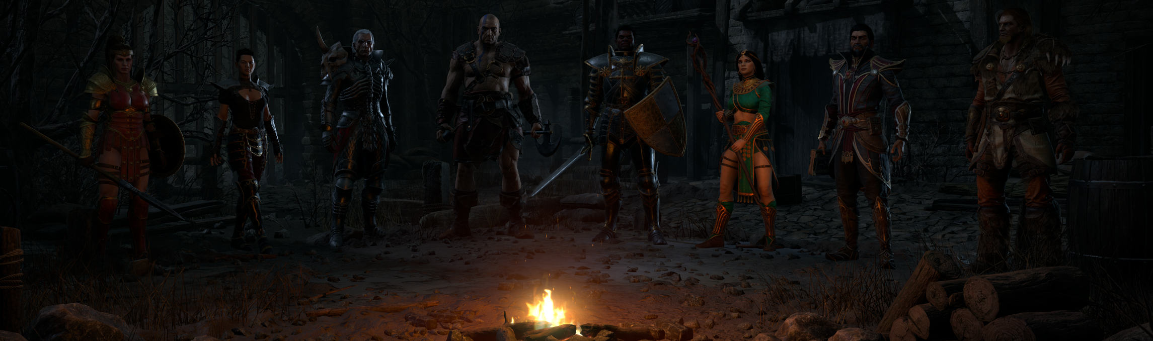 The Diablo II: Resurrected classes gathered around a campfire before a player chooses one
