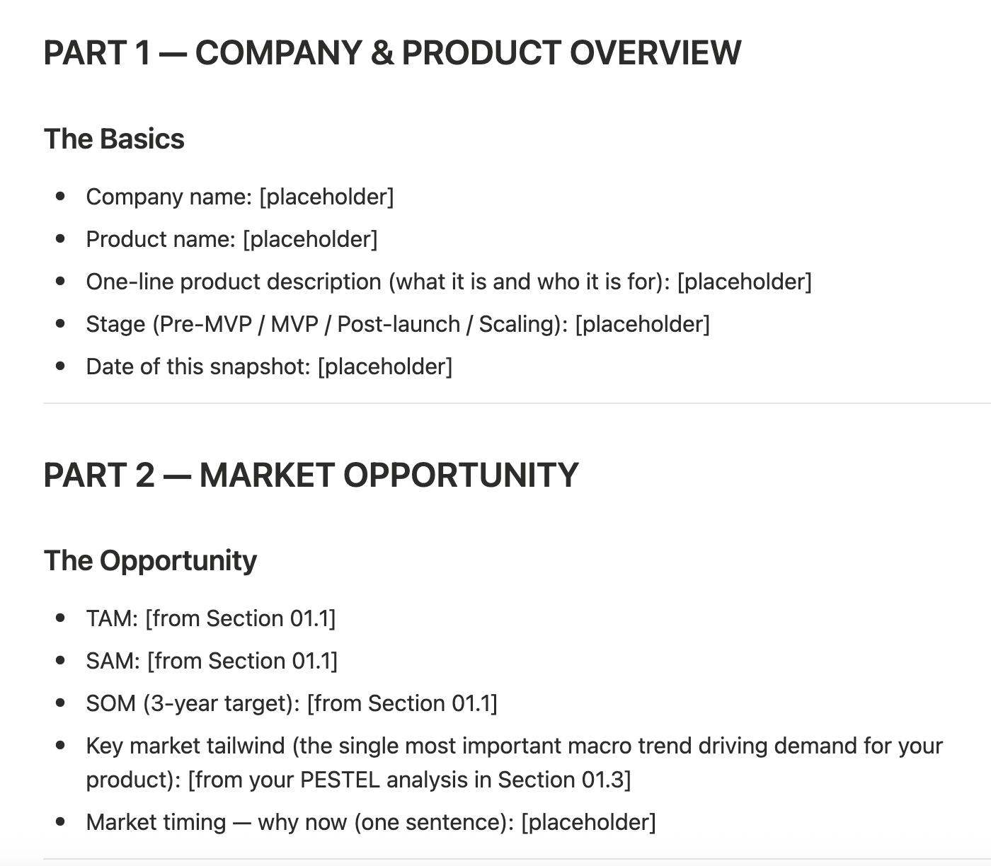 Investor & Executive One-Page Snapshot Notion screenshot