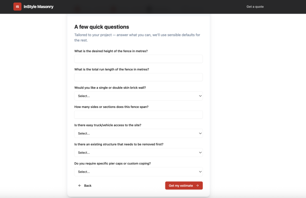 Quote tool step 3: tailored project questions