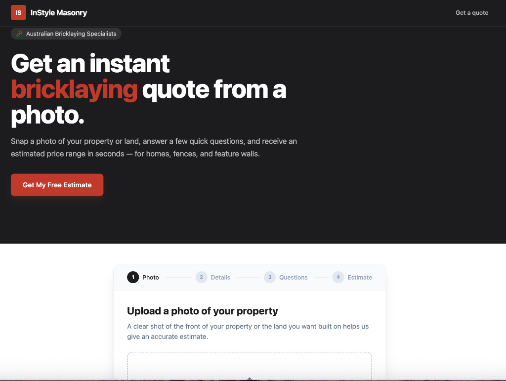InStyle Masonry landing page with instant bricklaying quote tool