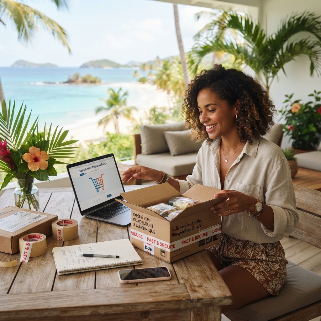 Personne consultant des colis et faisant des achats en ligne depuis les Antilles avec Colis Antilles