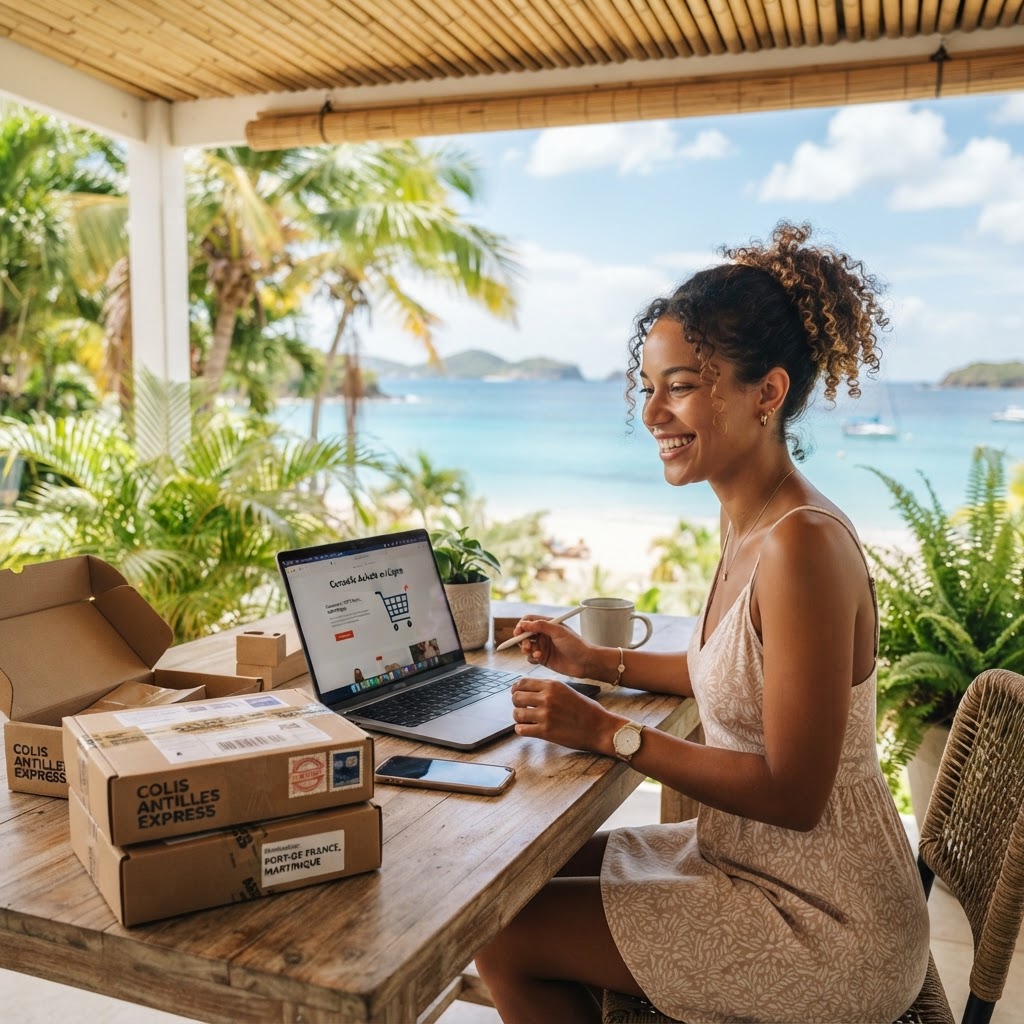Colis prêts pour l'expédition vers les Antilles sur un comptoir de logistique