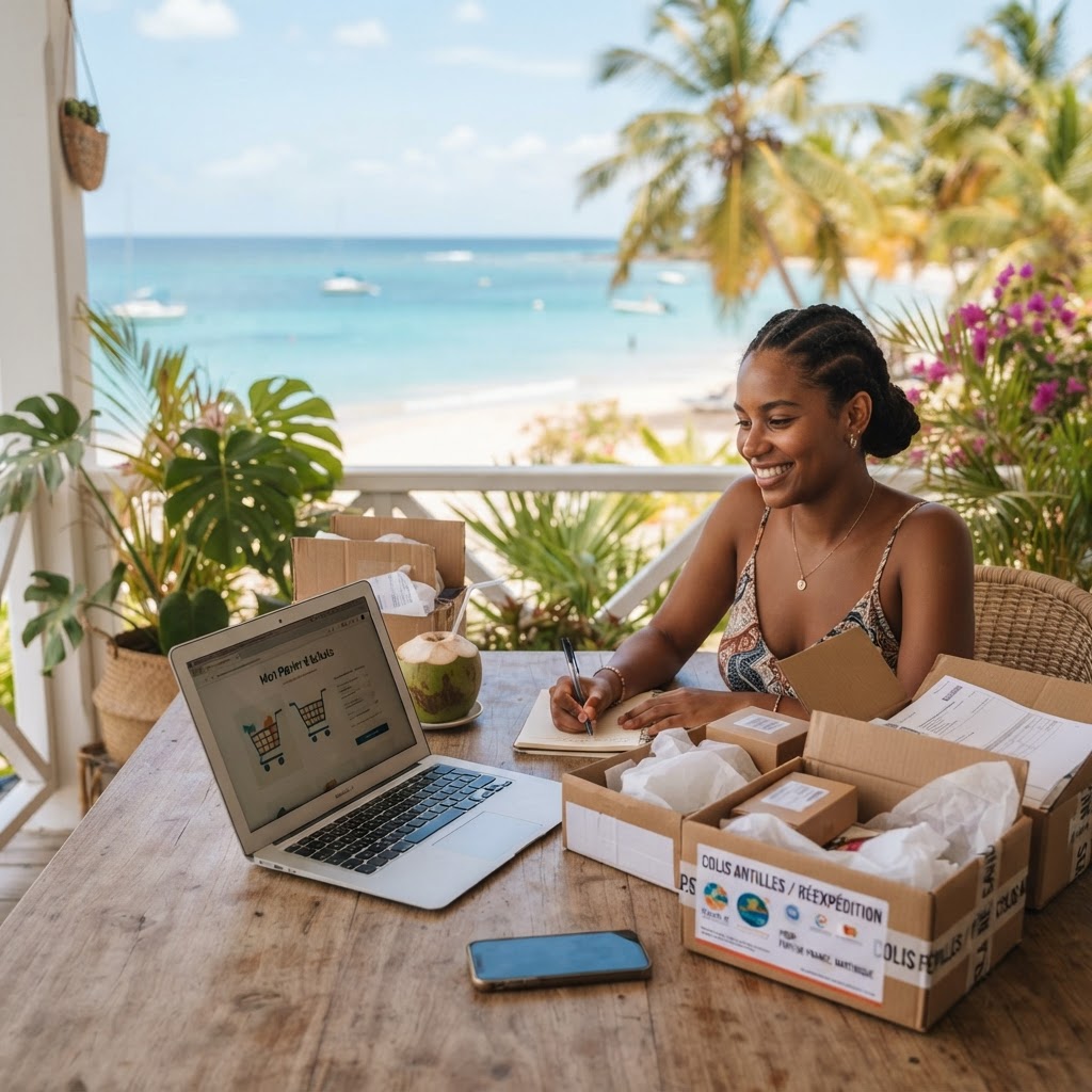 Personne consultant son smartphone pour faire des achats en ligne avec Colis Antilles