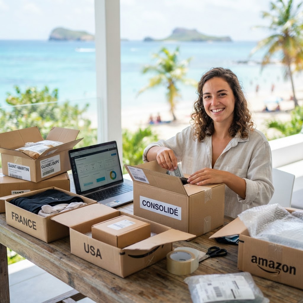 Pile de cartons bien organisés dans un entrepôt de réexpédition vers les Antilles