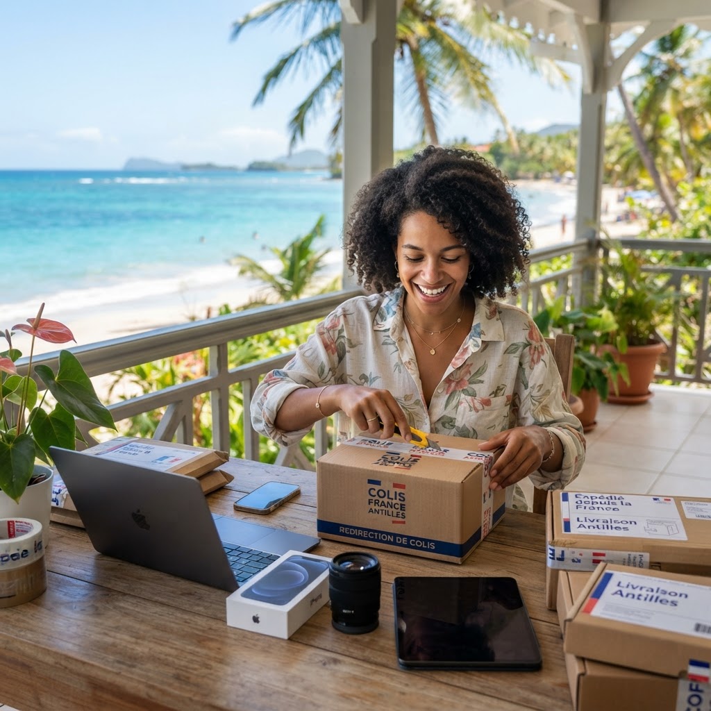 Une personne utilisant un smartphone dernier cri avec en fond une vue tropicale illustrant la livraison high-tech aux Antilles.