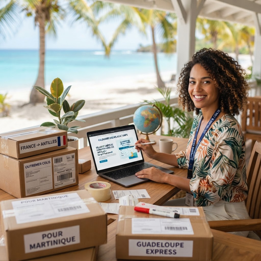 Un colis prêt à être expédié vers les Antilles sur une table de tri logistique