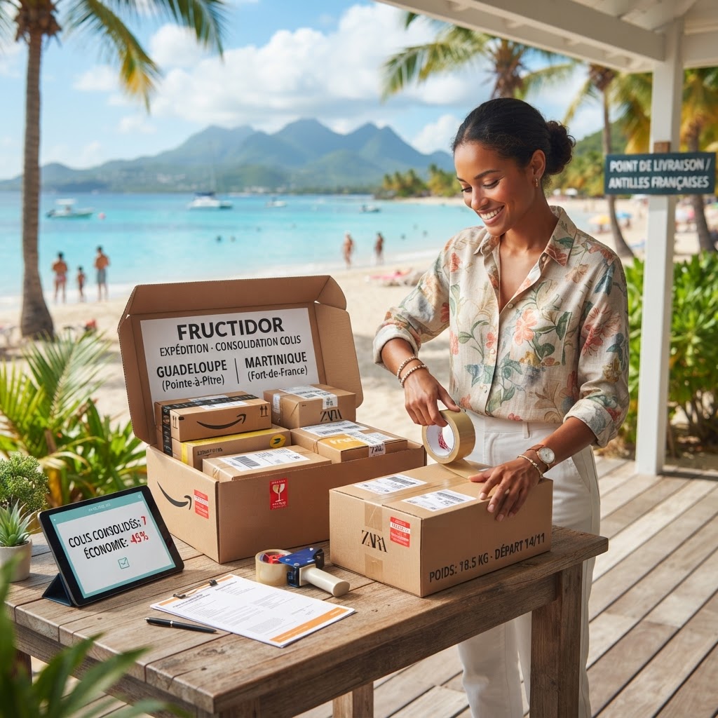 Personne consolidant plusieurs colis dans un entrepôt logistique pour expédition vers les Antilles
