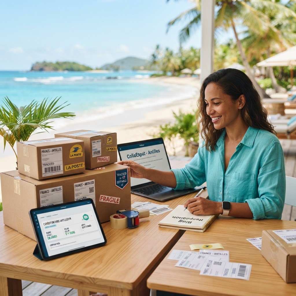 Conteneurs logistiques et colis prêts pour une expédition vers les Antilles françaises