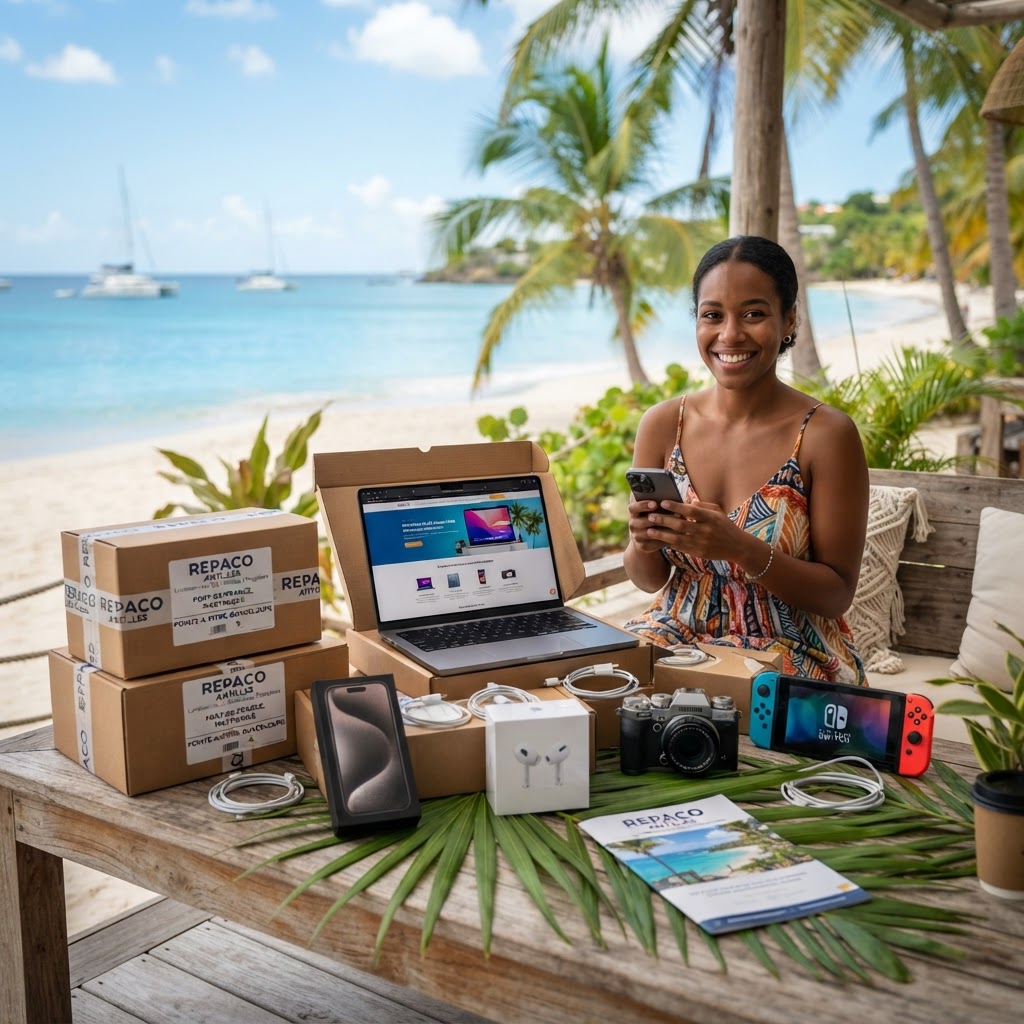 Personne utilisant un smartphone et un ordinateur portable high-tech avec un carton de colis en arrière-plan