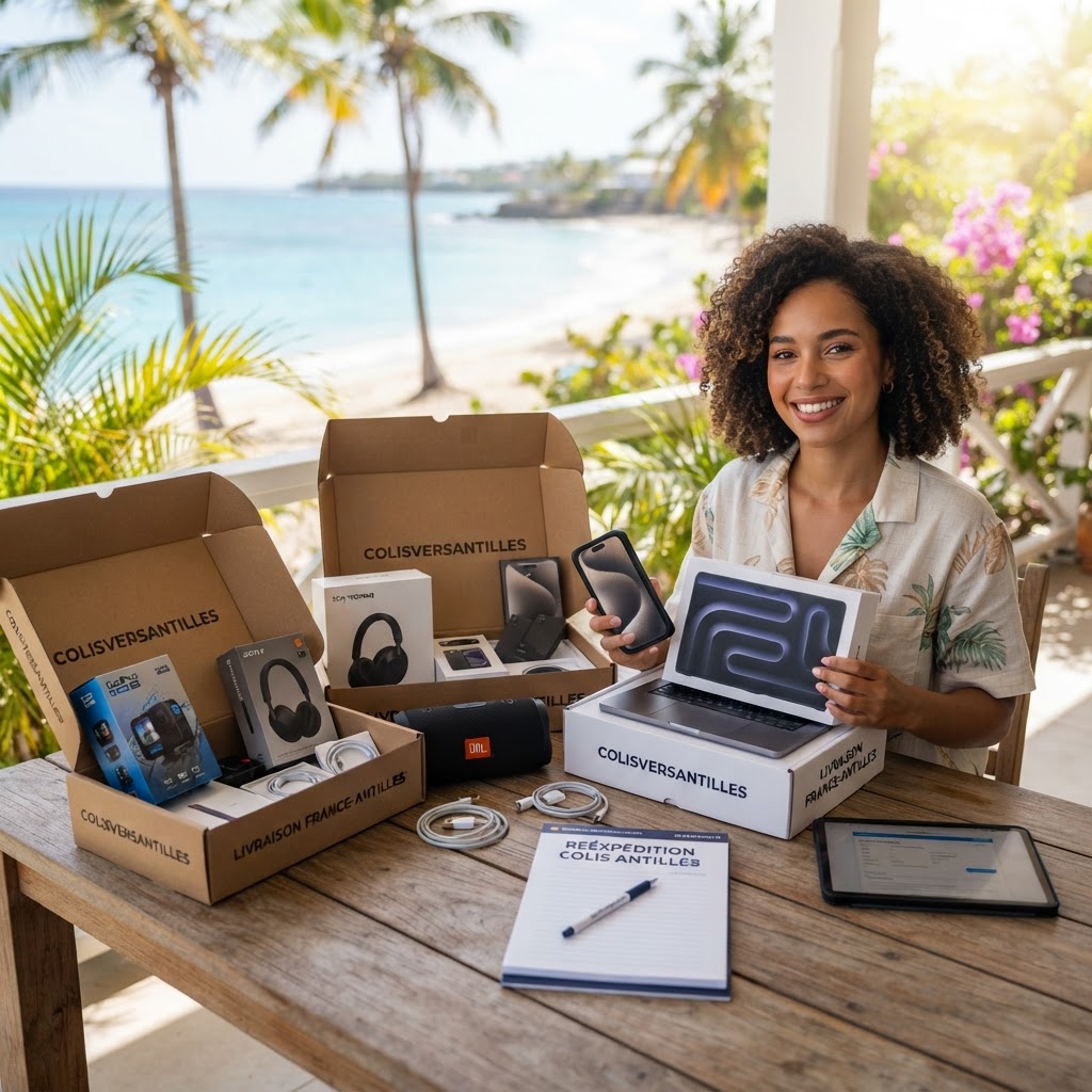 Une sélection d'appareils high-tech (smartphone, tablette, ordinateur) prêts à être expédiés vers les Antilles françaises.