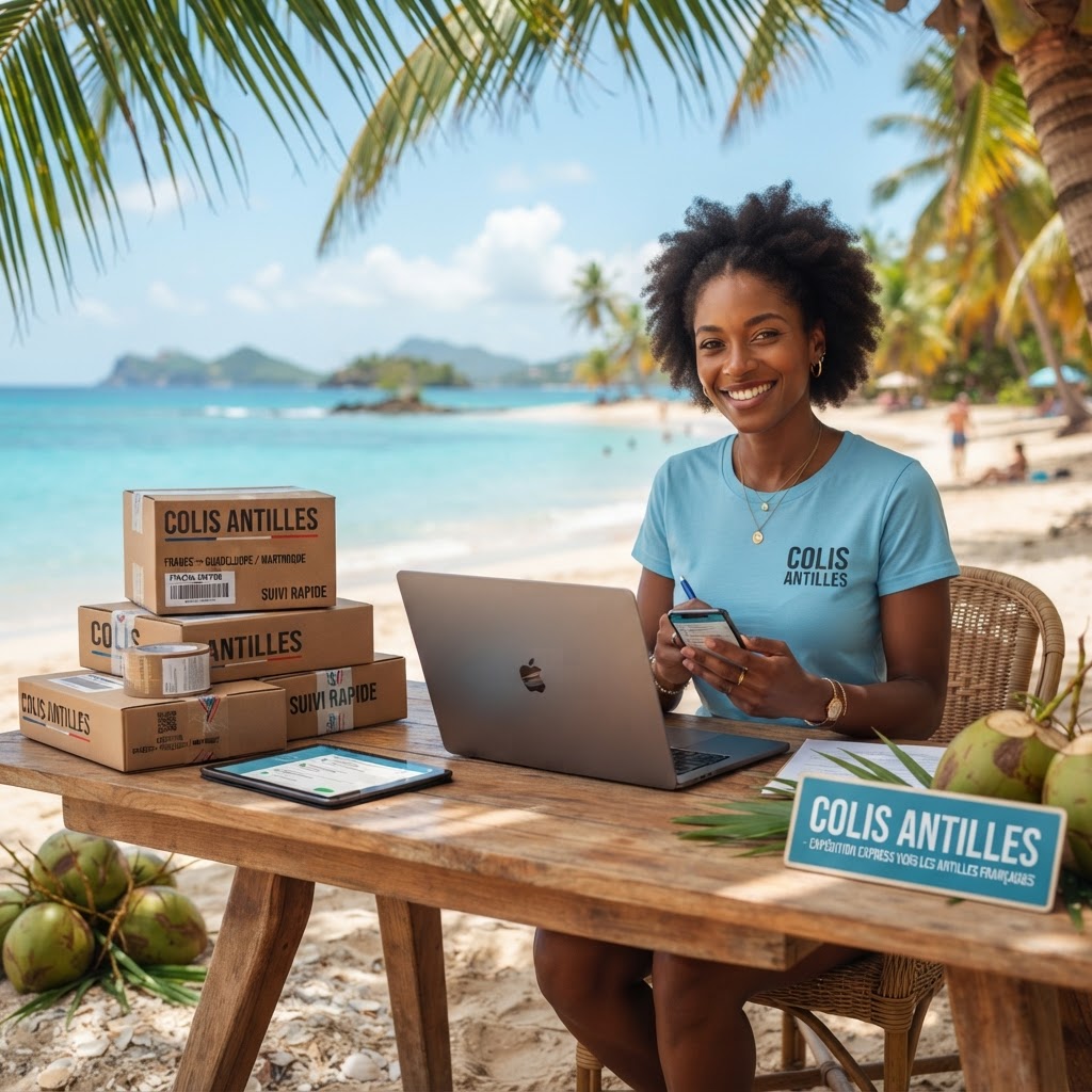 Conteneur logistique moderne sur un navire cargo avec une vue sur les Antilles pour illustrer la livraison
