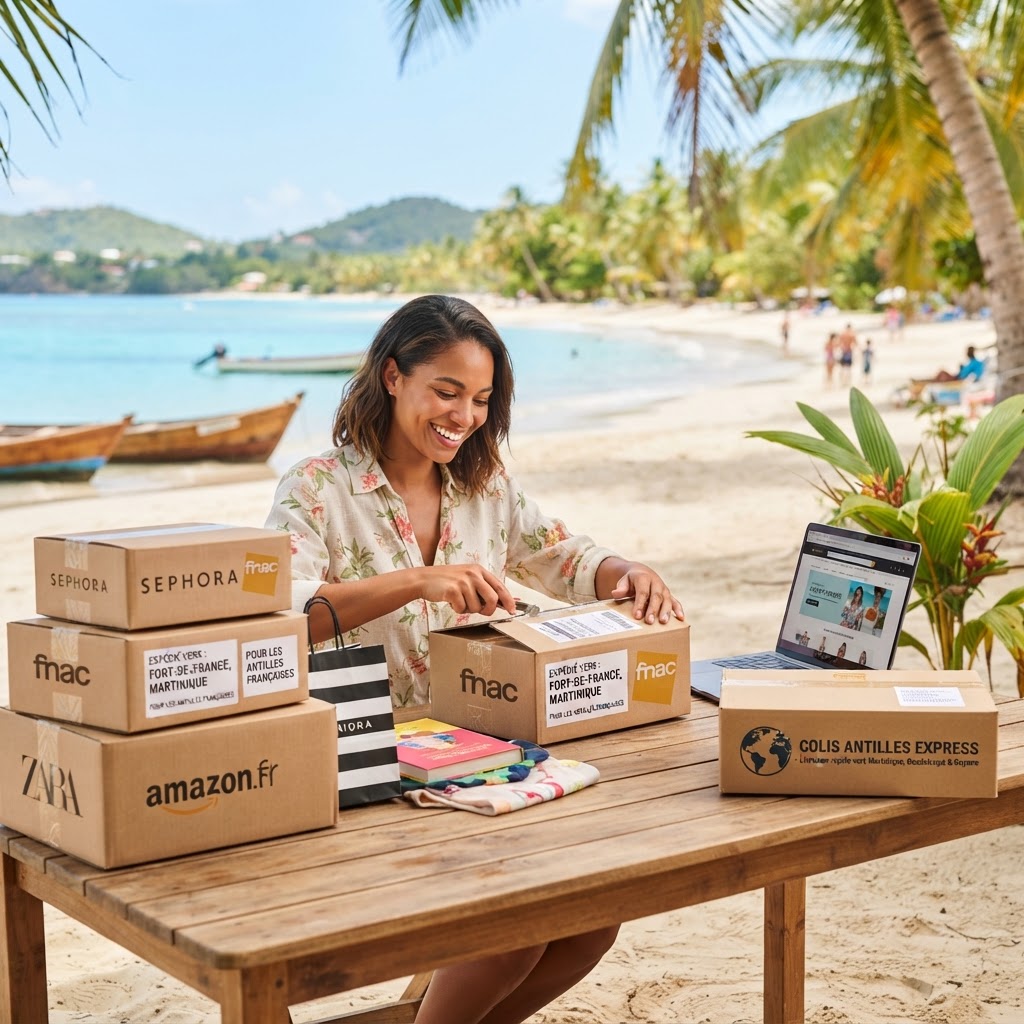 Colis empilés symbolisant la réexpédition de marchandises de la France vers les Antilles