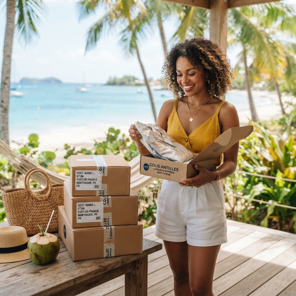 Une personne souriante recevant des colis de mode en Martinique grâce à Colis Antilles