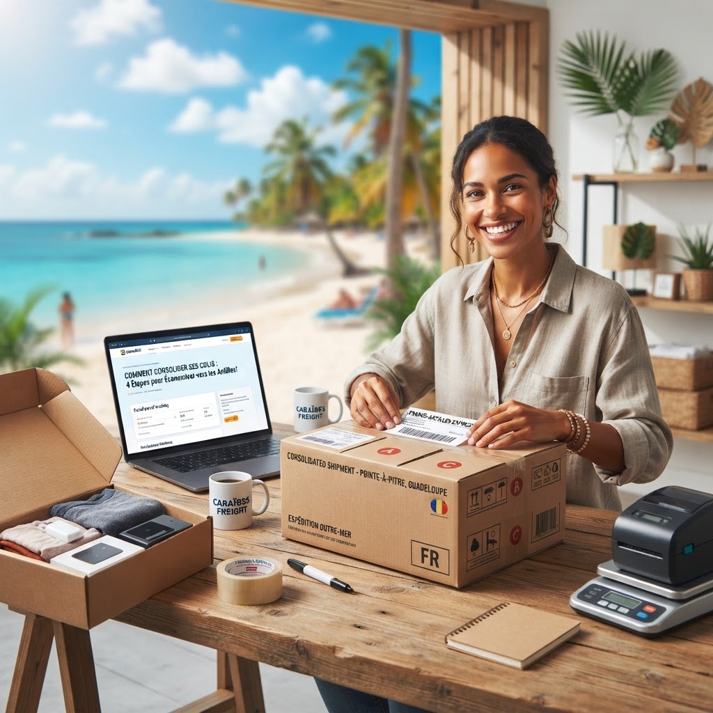 Pile de cartons de différentes tailles regroupés pour une expédition optimisée vers les Antilles