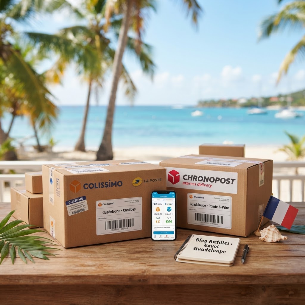 Illustration d'un colis en transit vers la Guadeloupe avec les logos des transporteurs