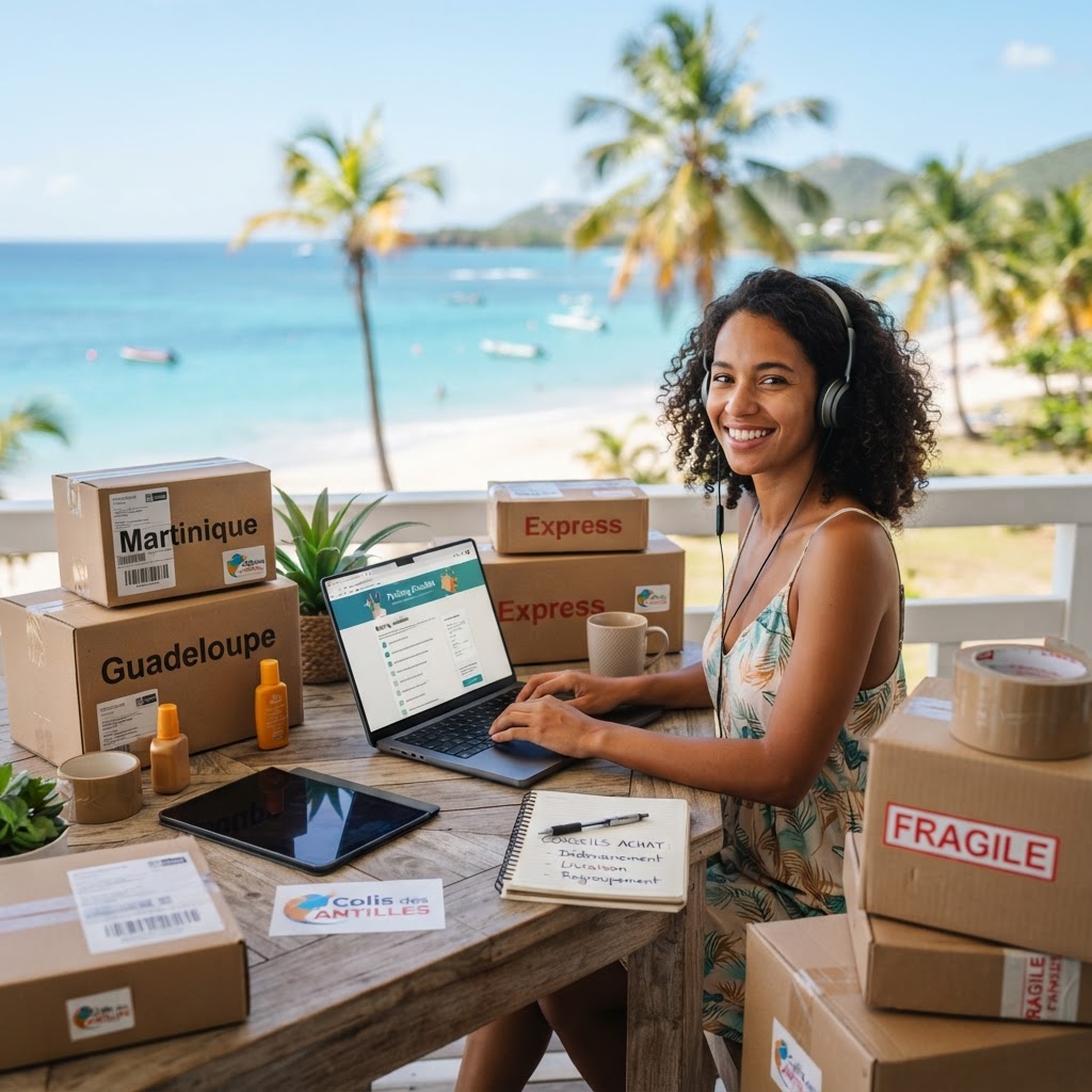 Personne consultant son smartphone pour faire un achat en ligne aux Antilles avec le service Colis Antilles