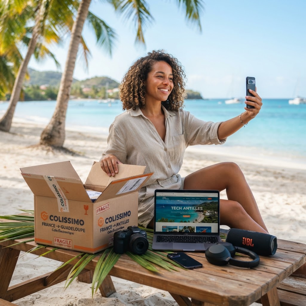 Une personne consultant un site high-tech sur son ordinateur pour commander vers les Antilles