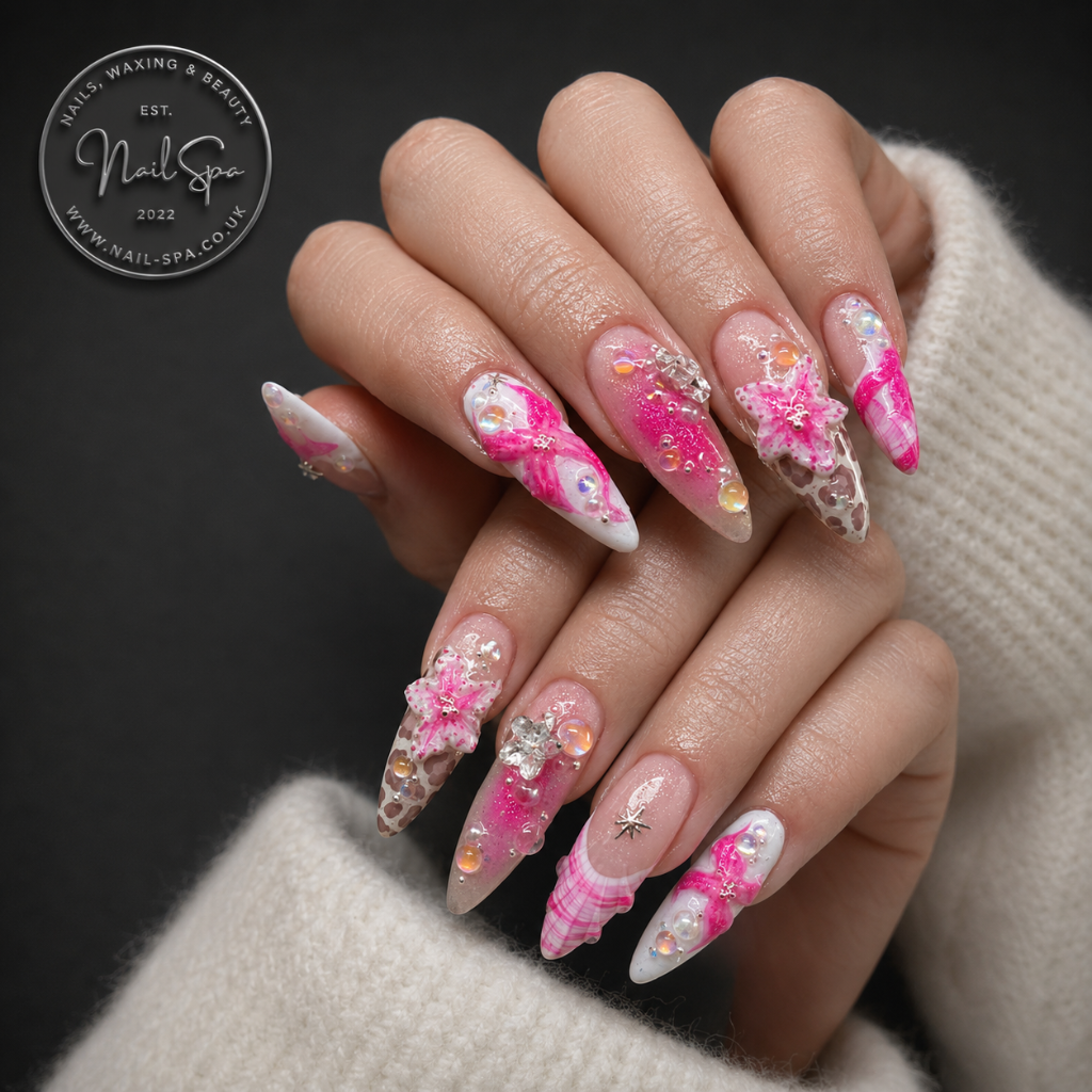 Pink sparkle nail art with embellishments