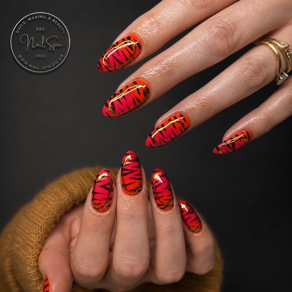 Red tiger stripe nail design