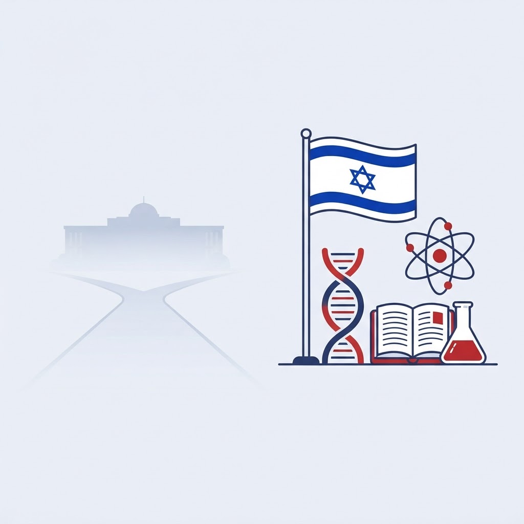 Israeli flag alongside scientific research symbols, symbolizing the choice to stay and serve