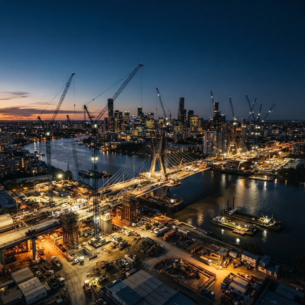 Urban infrastructure project at dusk