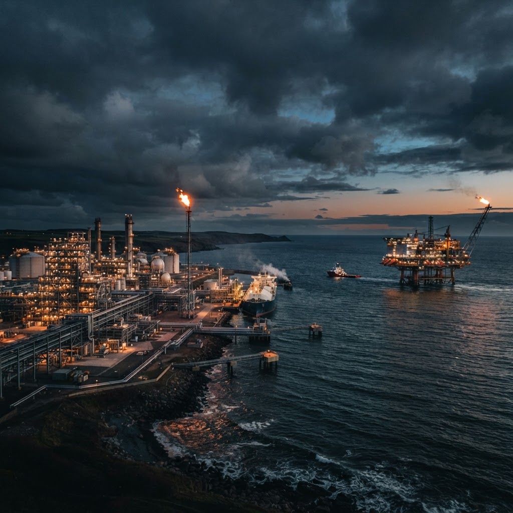 LNG facility and offshore energy infrastructure at dusk