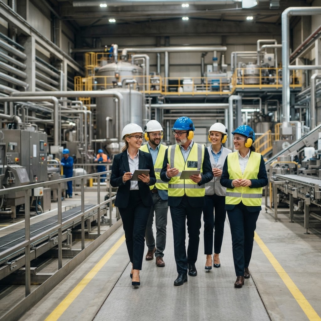 Executive leadership team touring an industrial facility