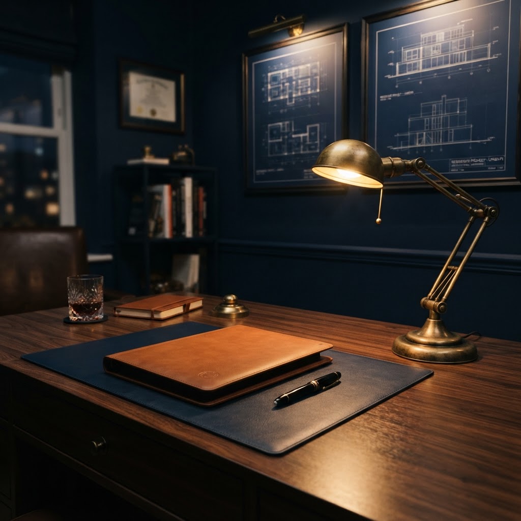 Executive office with architectural blueprints