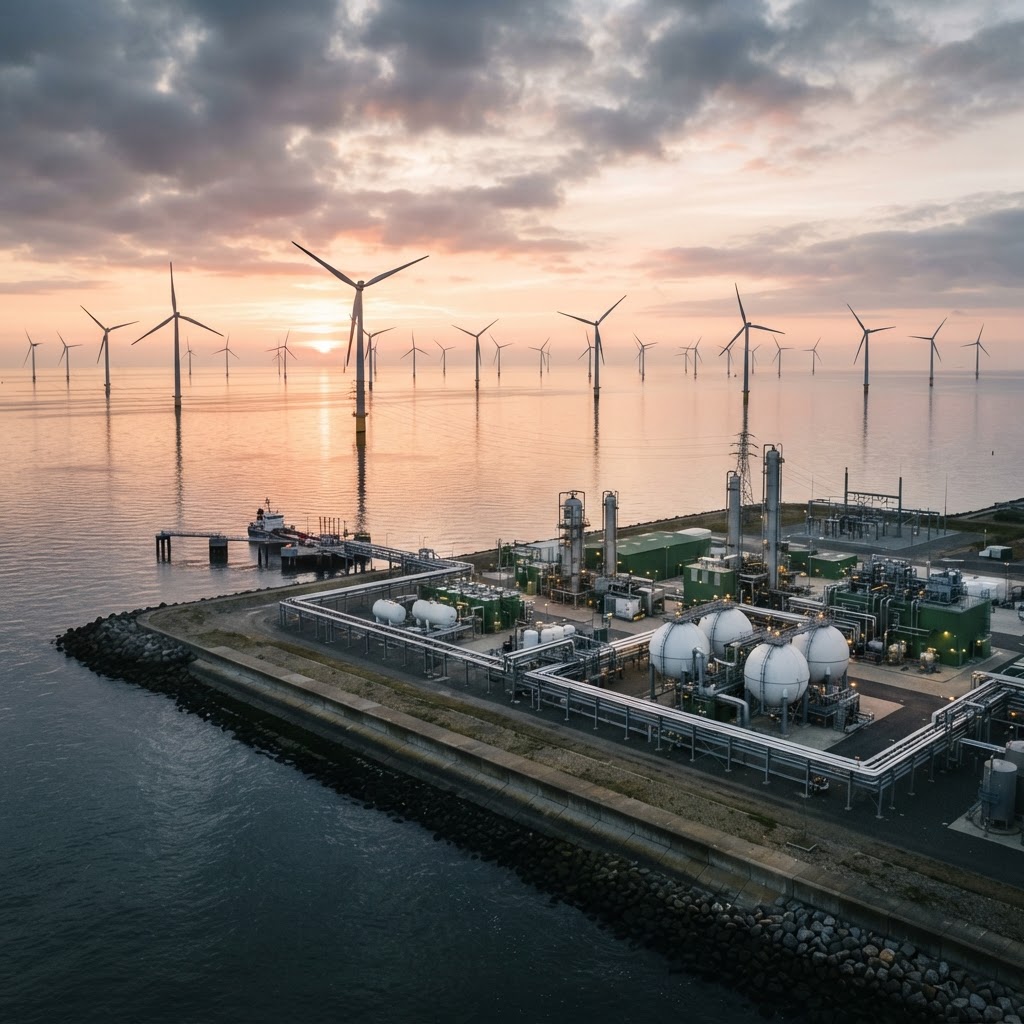 Energy transition infrastructure at sunrise
