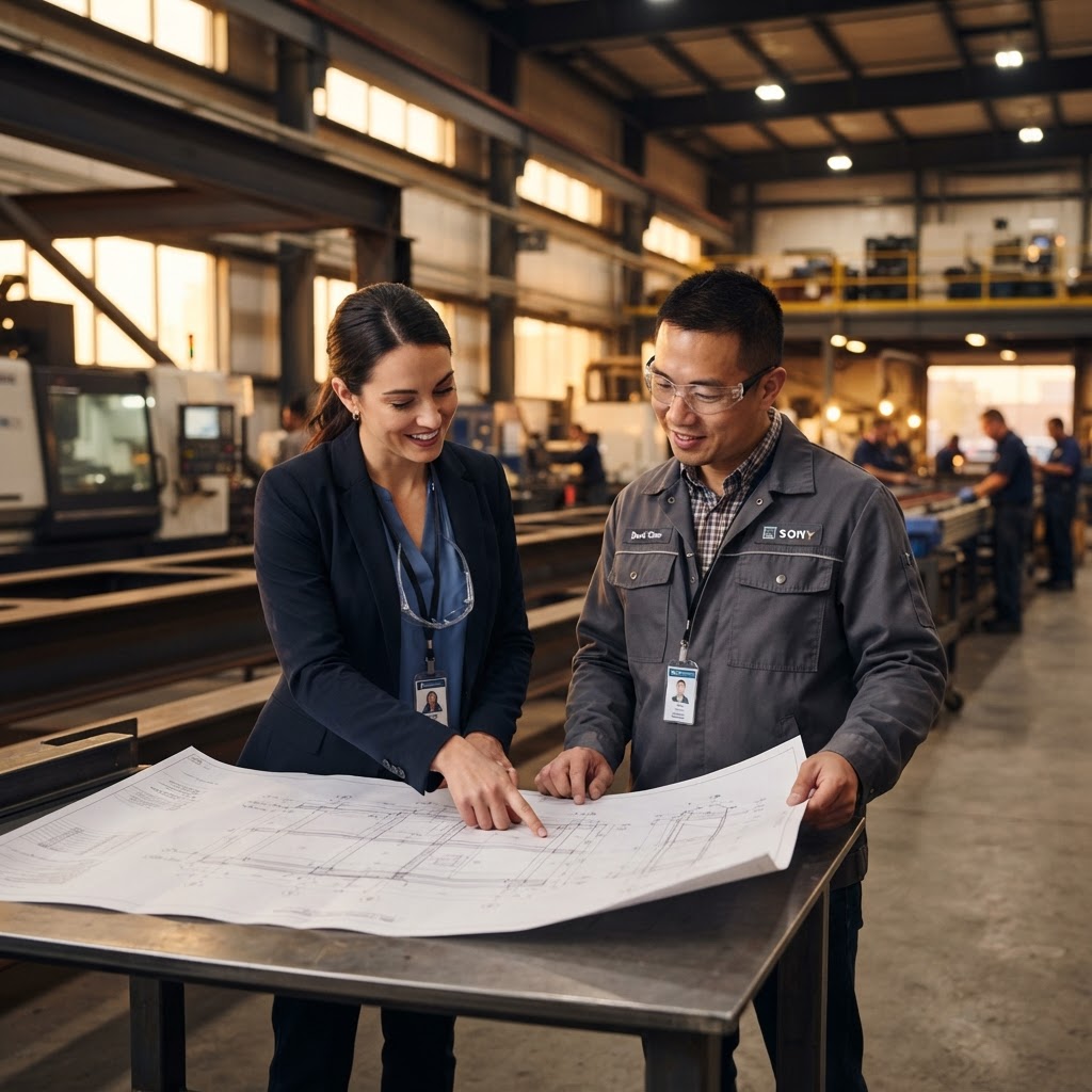 Engineering and construction leadership collaborating inside a modern manufacturing facility