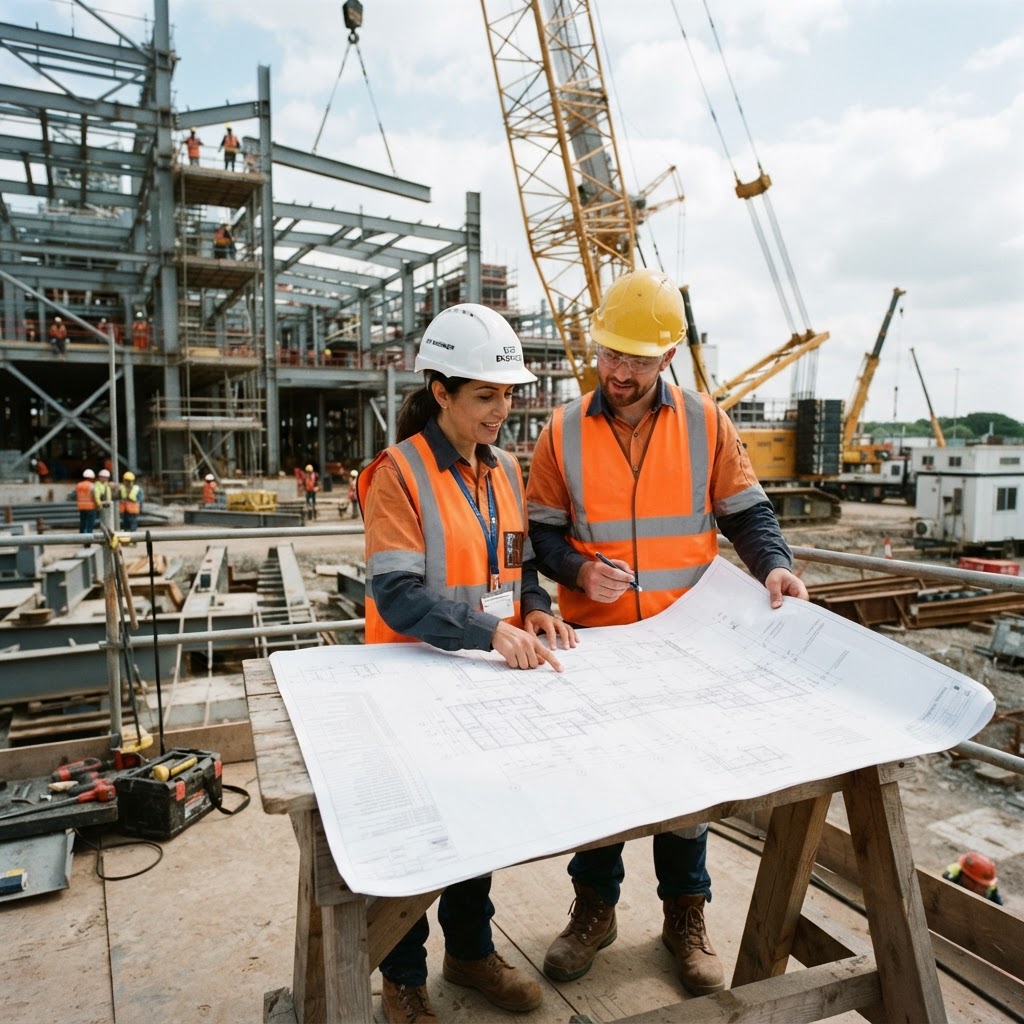 Engineers reviewing technical plans at a construction site
