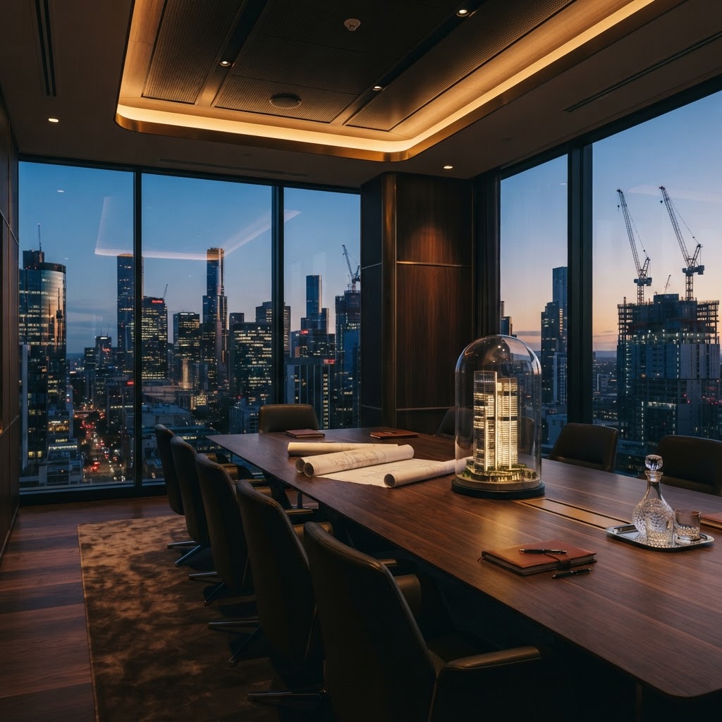 Executive boardroom overlooking an AEC skyline