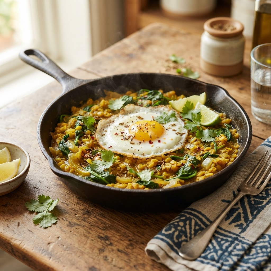 Curried Red Lentil & Spinach Skillet with Fried Egg