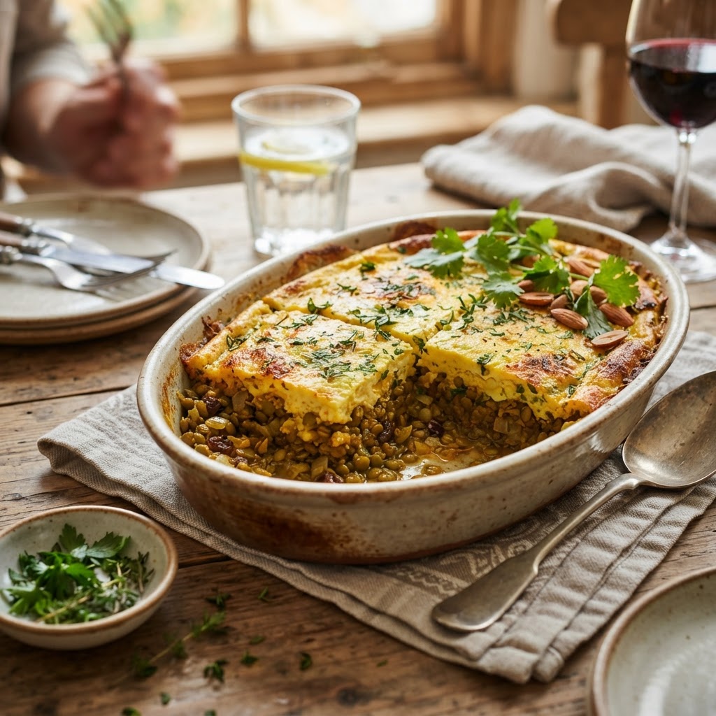 Bobotie-Inspired Lentil Bake with Herbed Egg Topping (Vegetarian)