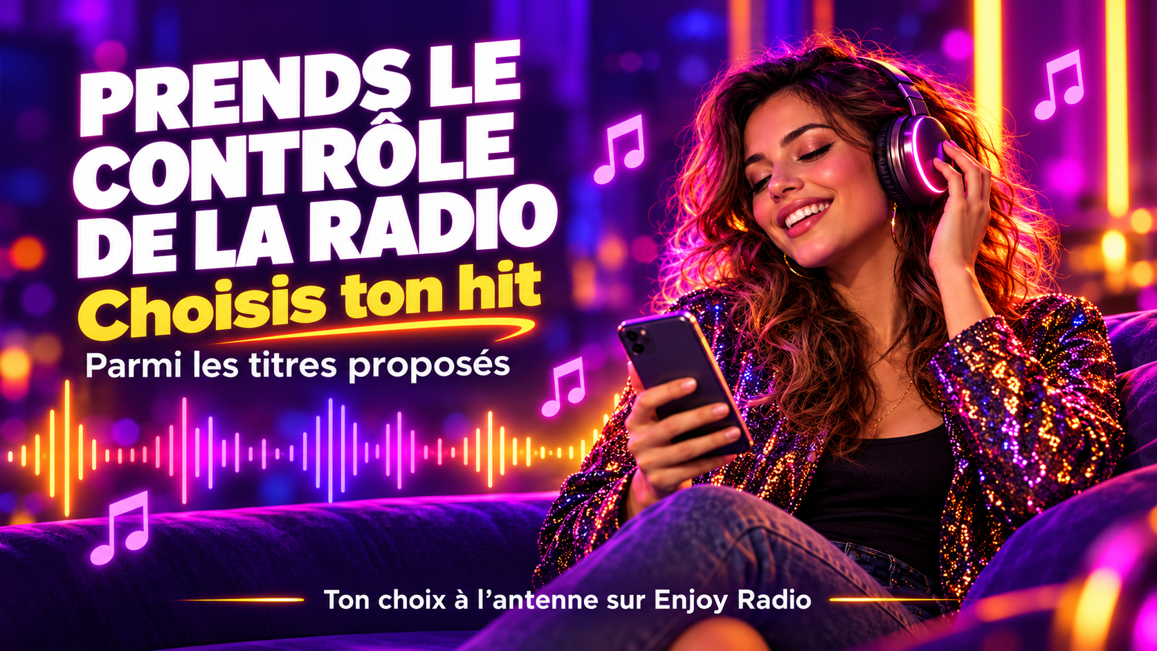 Prends le contrôle de la radio. Choisis ton hit parmi les titres proposés. Ton choix à l’antenne sur Enjoy Radio.