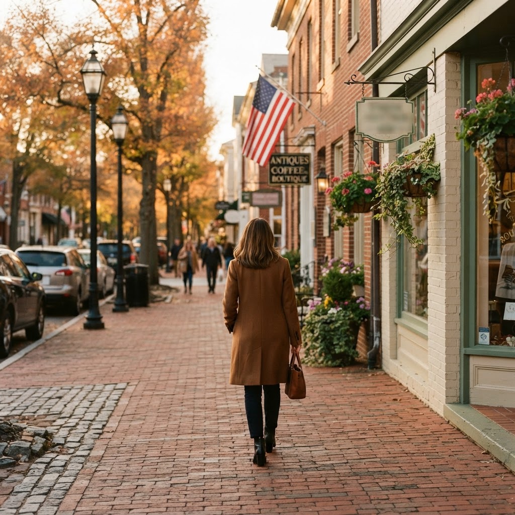 A TTD advisor walking along historic downtown Leesburg, Virginia at golden hour