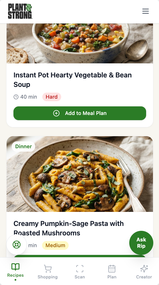 Plant Strong app — recipes