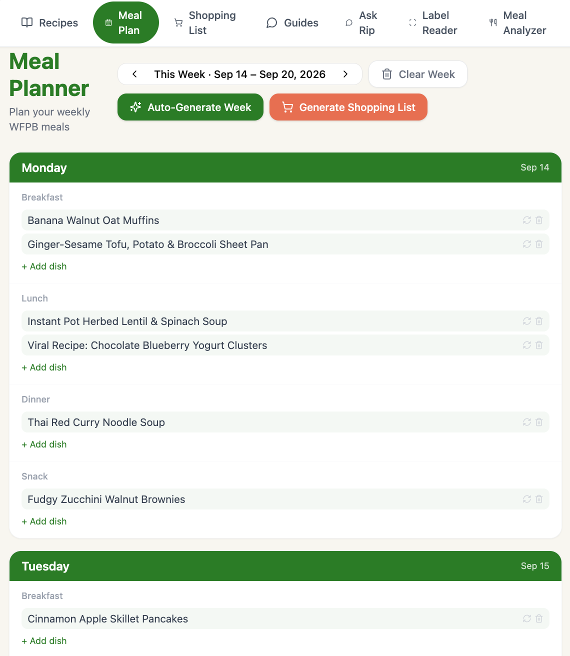 Plant Strong weekly meal planner