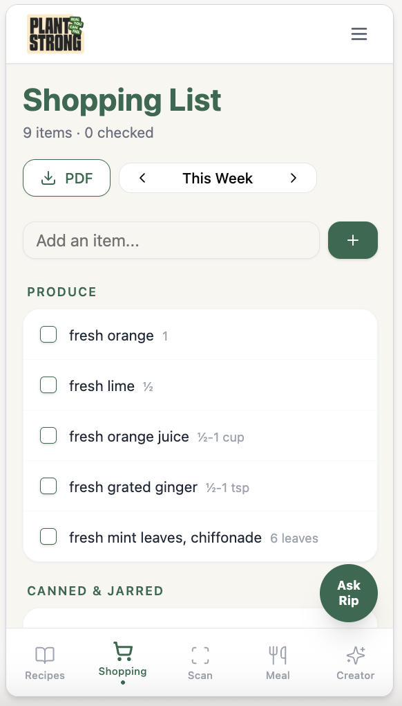 Plant Strong Shopping List