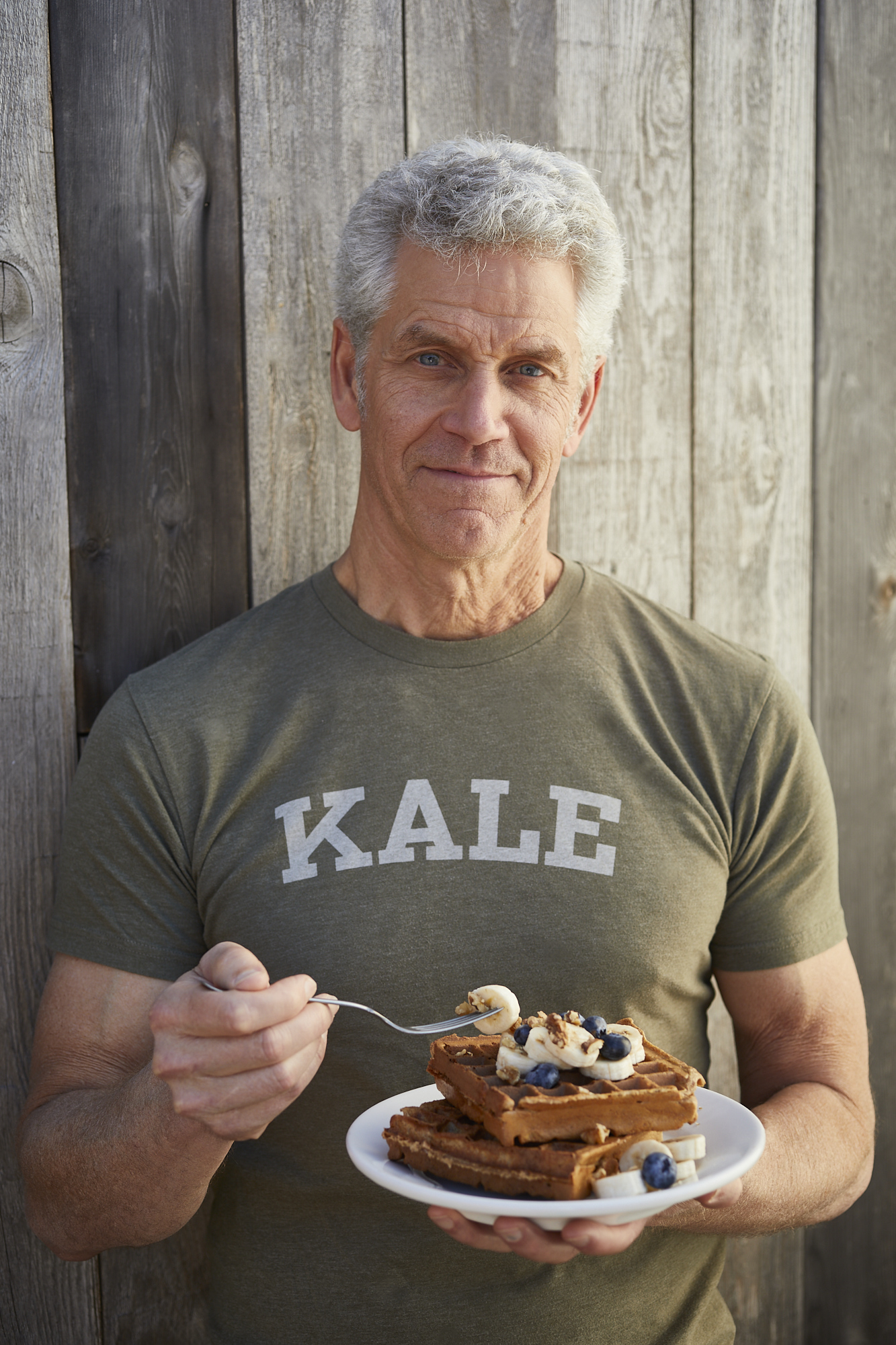 Rip Esselstyn holding Plant Strong waffles