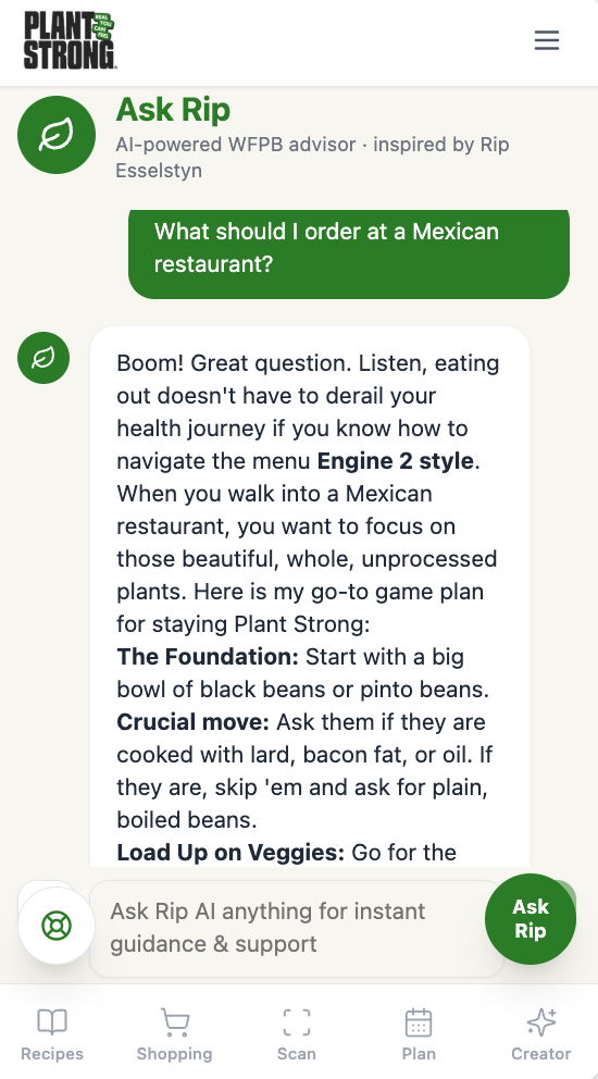 Plant Strong Ask Rip — AI-powered WFPB advisor