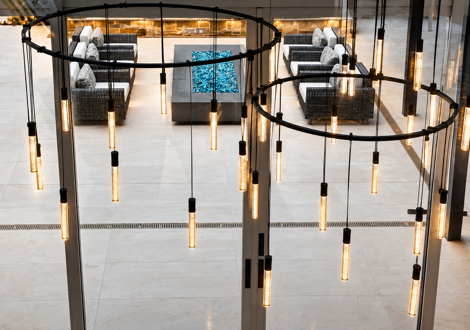 Luxury North Texas home patio with chandeliers and fire pit - OBS Clear professional cleaning