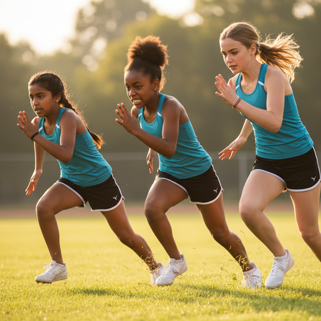 Rancho Cordova youth athletes running sprint drills together at RCAthletics