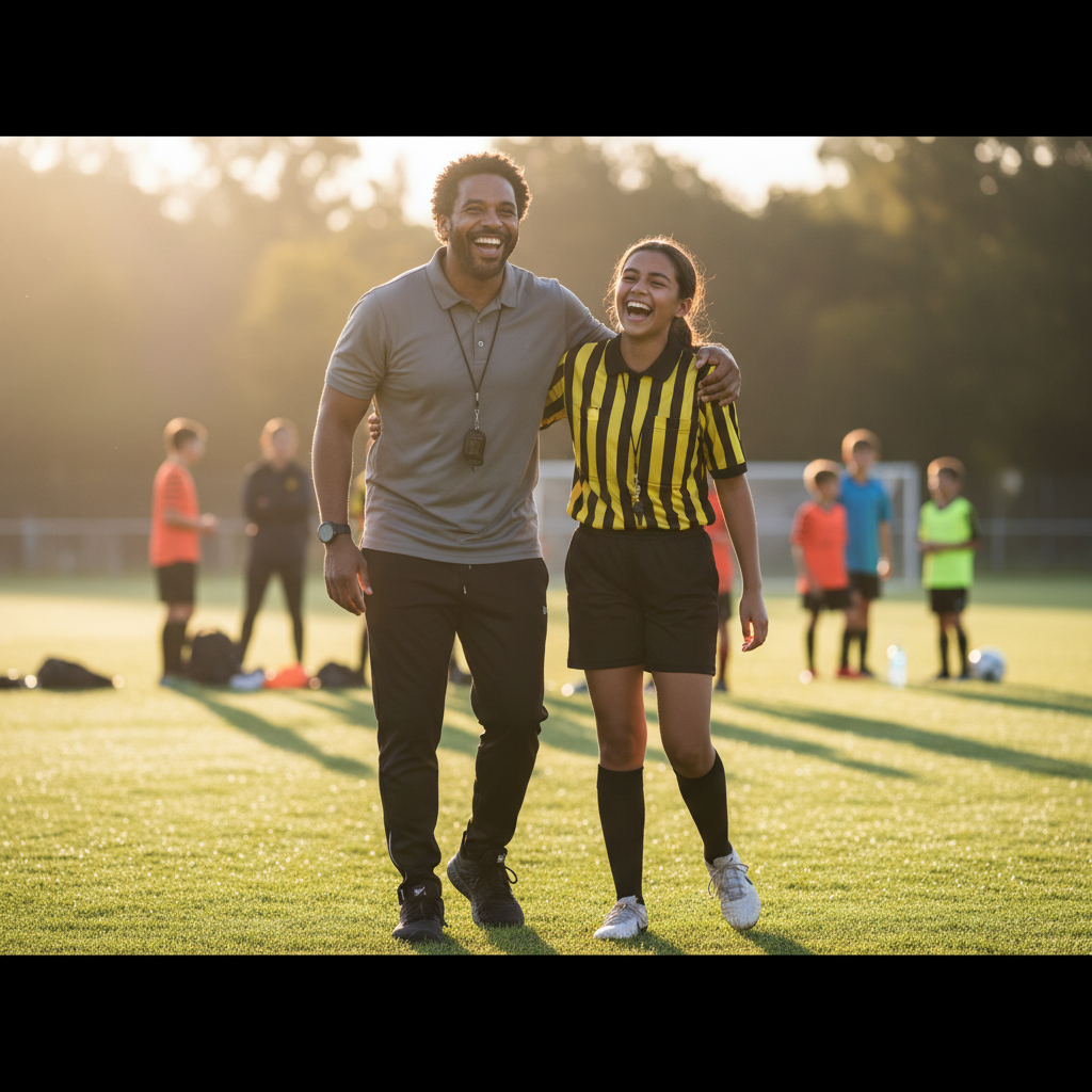 RCAA coach with arm around a smiling referee