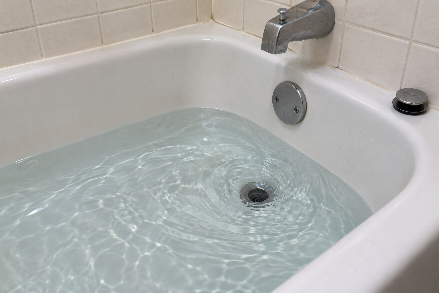 Bathtub draining at full speed with a whirlpool forming at the cleared drain below the tub faucet and overflow