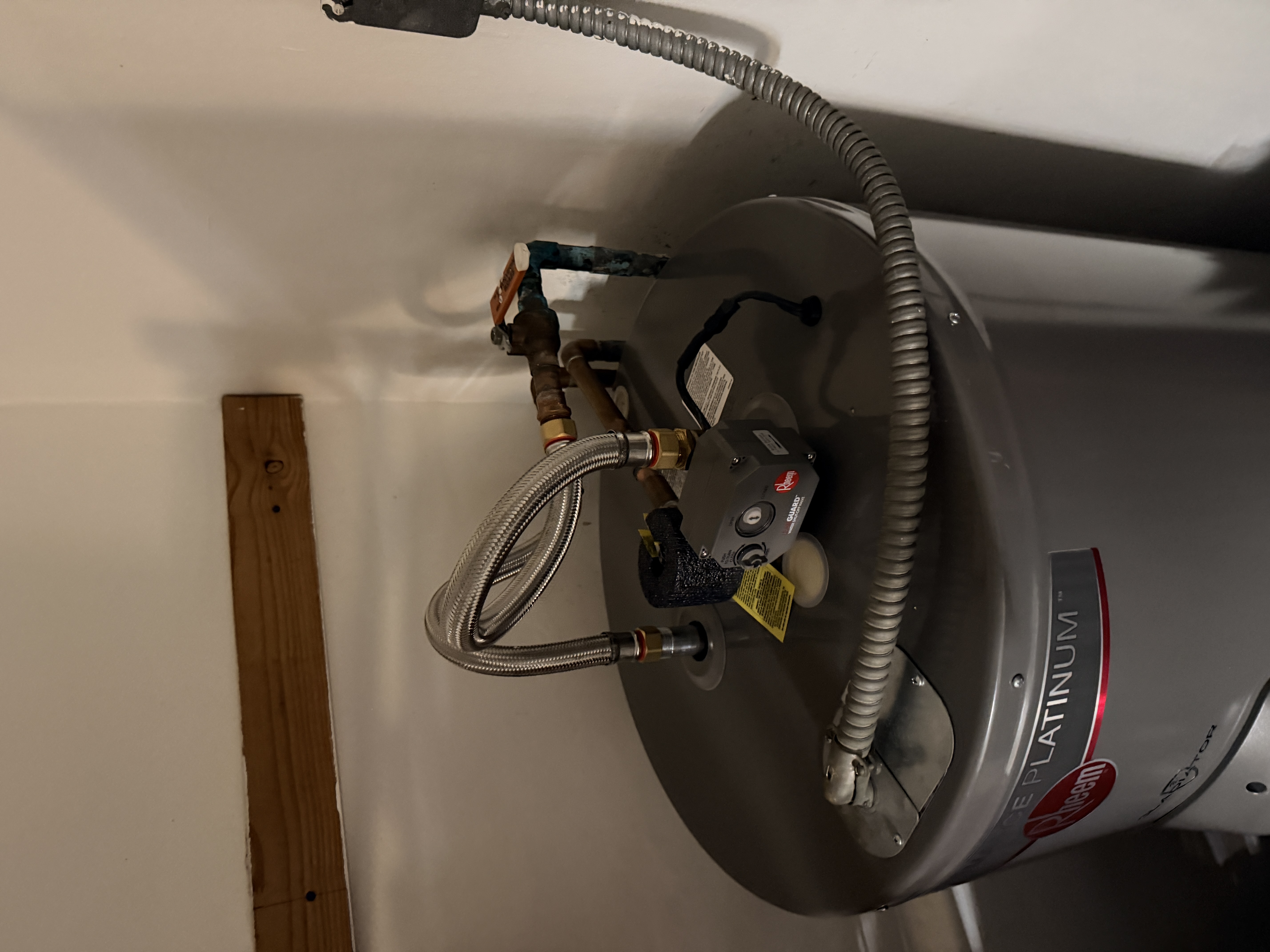 Top of a Rheem Pro Platinum water heater with braided supply lines, brass fittings, and electrical conduit