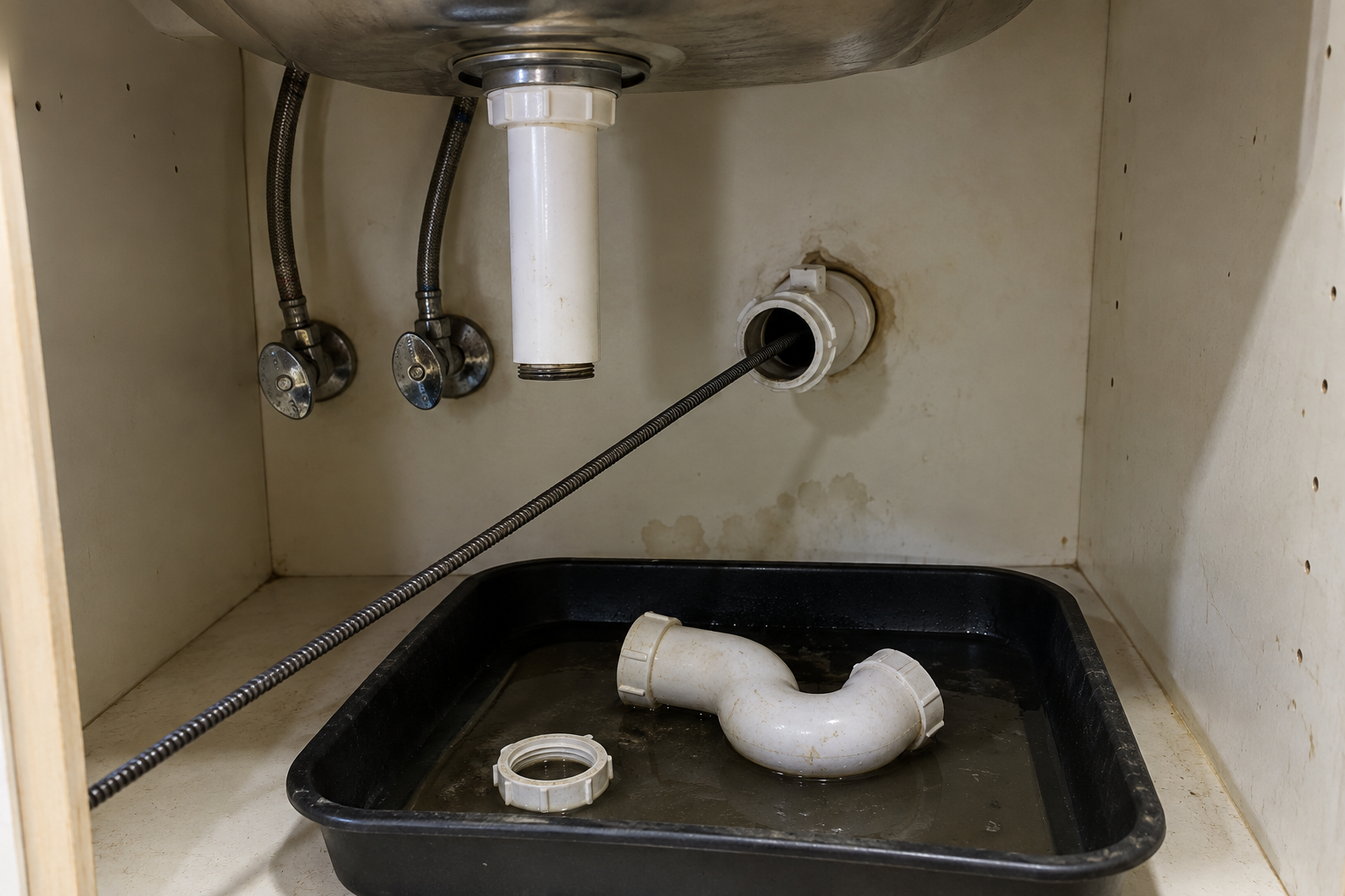 Under-sink kitchen cabinet with the P-trap removed and a drain auger cable feeding into the branch line behind the wall