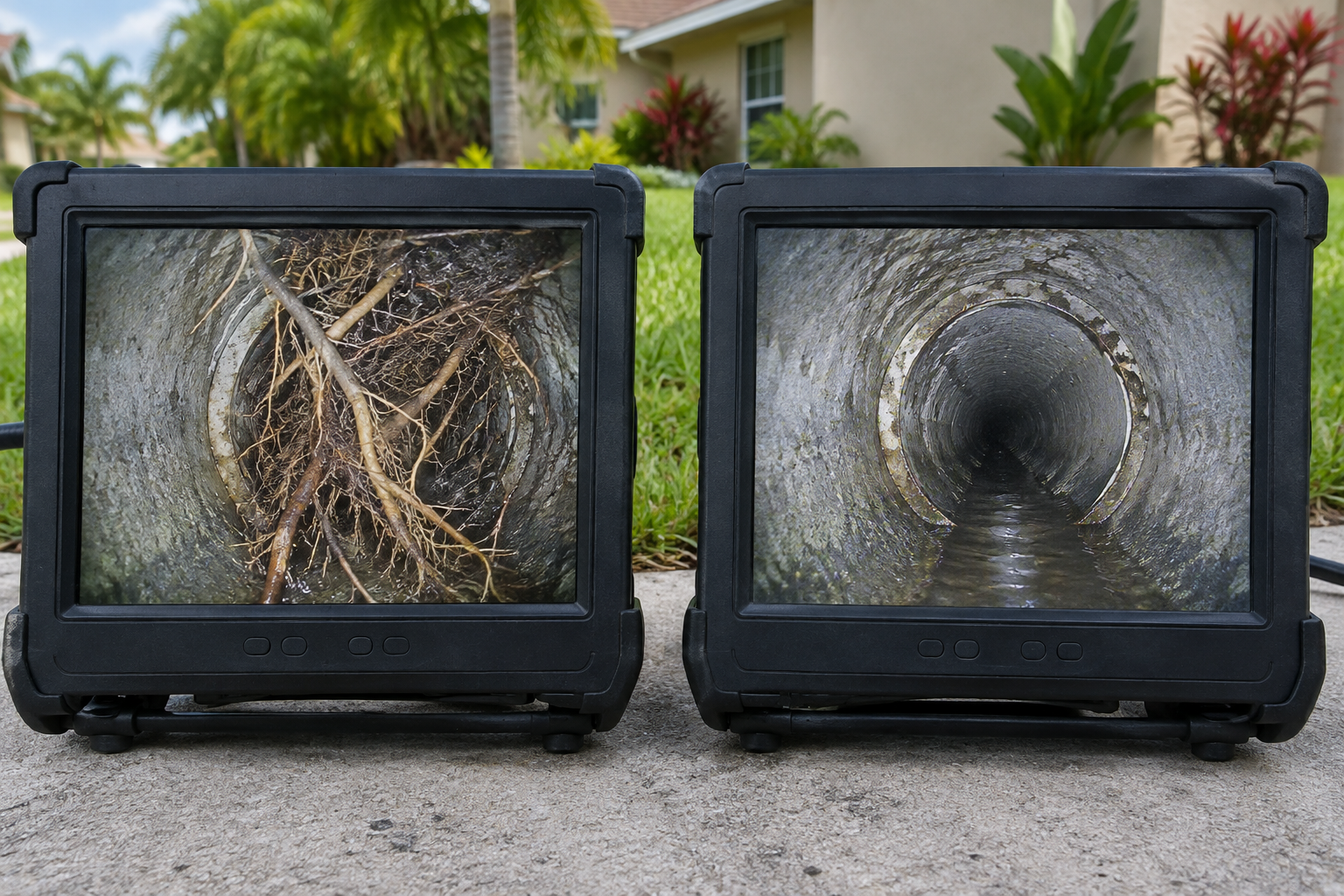 In-pipe camera monitor showing tree roots blocking a sewer line before cleaning next to the same pipe cleared after cabling