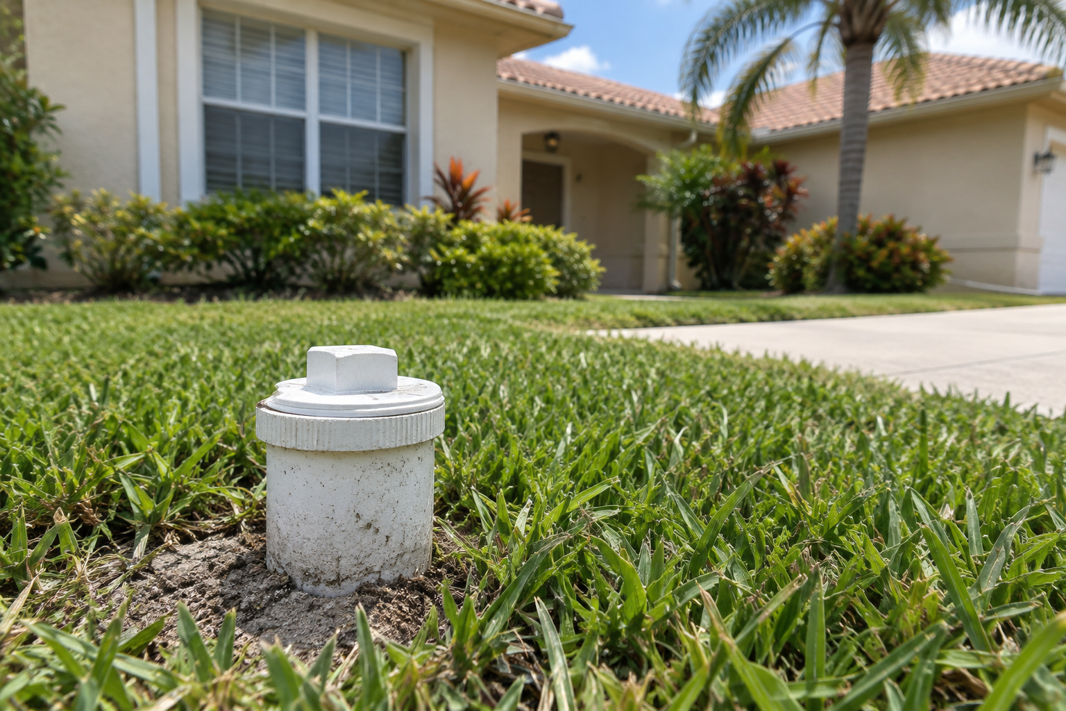Main line sewer cleanout at the front of a Davie home, the access point for sewer and main line cleaning