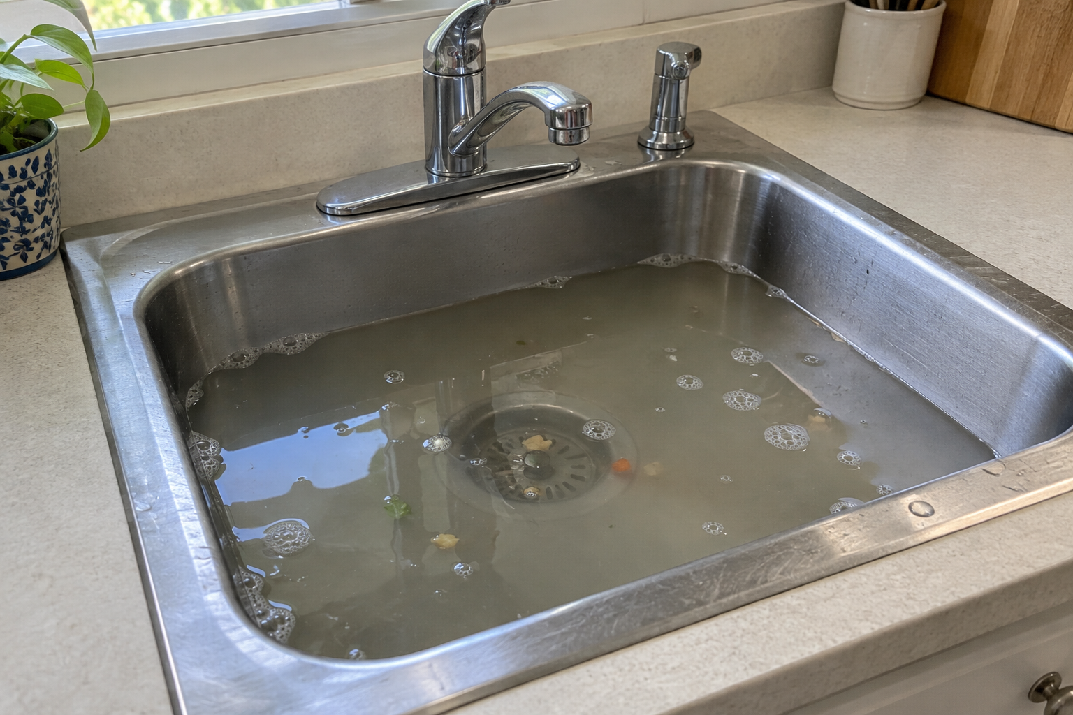 Kitchen sink full of standing water and food debris from a clogged kitchen drain in a Davie home